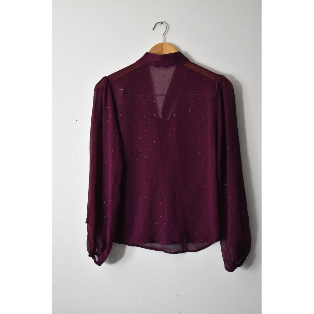 Crescent & Willough Blouse Womens Medium Burgundy Tie Neck Metallic Dot - Picture 4 of 6